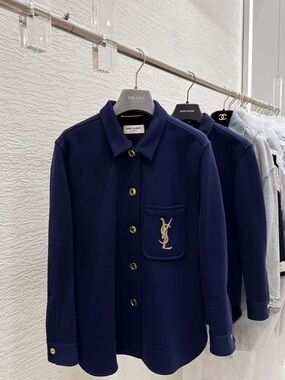 🚩steal Saint Laurent Navy Button-Front Shirt with Gold Logo Pocket